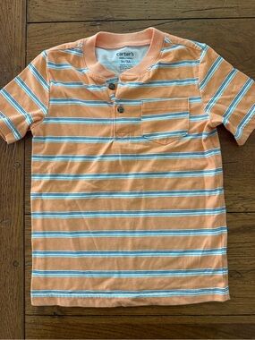 Carter's Peach Orange Striped Henley Tee with Blue & White Accents